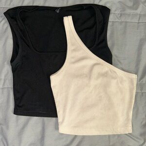 Black Squared Neck Crop Top and Cream One Shoulder Crop Top